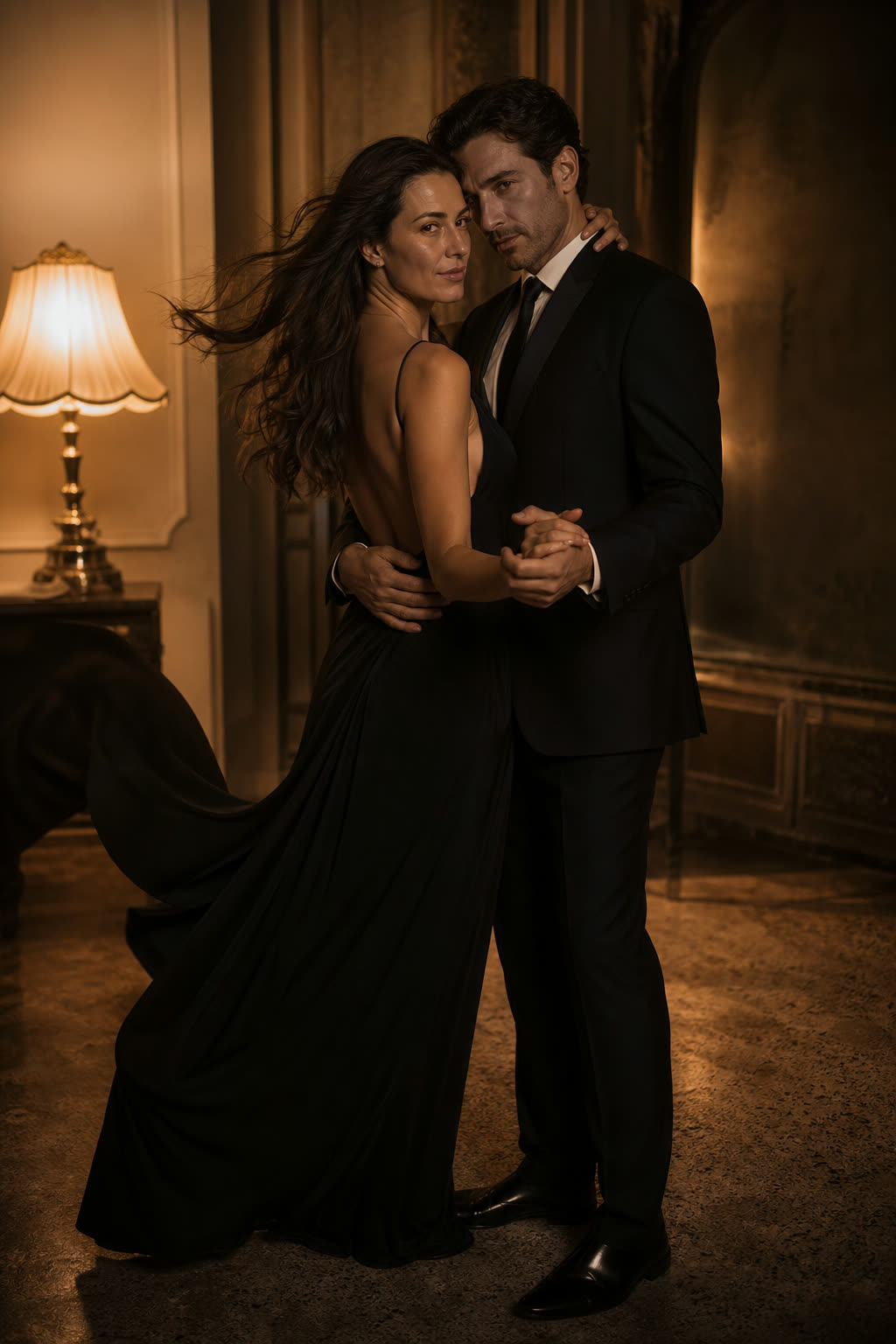 A bare-faced couple dancing close, foreheads touching, by warm lamplight
