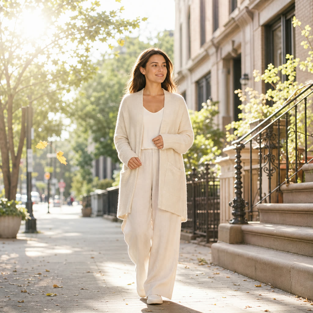 The woman walking a quiet street bare-faced in morning sun, content and unhurried
