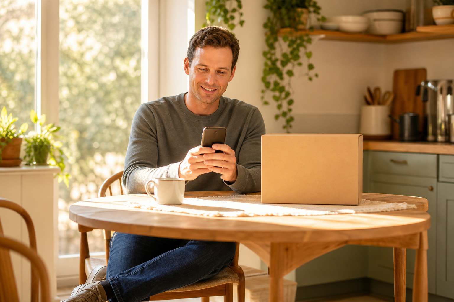 A man reading a message at a sunlit kitchen table beside a plain unmarked delivery box