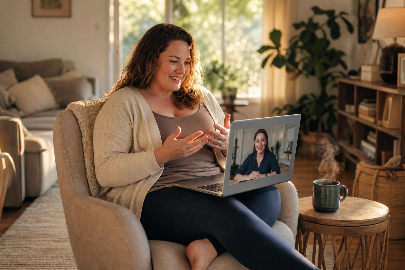 A late 30s woman with a soft curvy build in a warm conversation with a care-team member on a laptop, visibly relieved