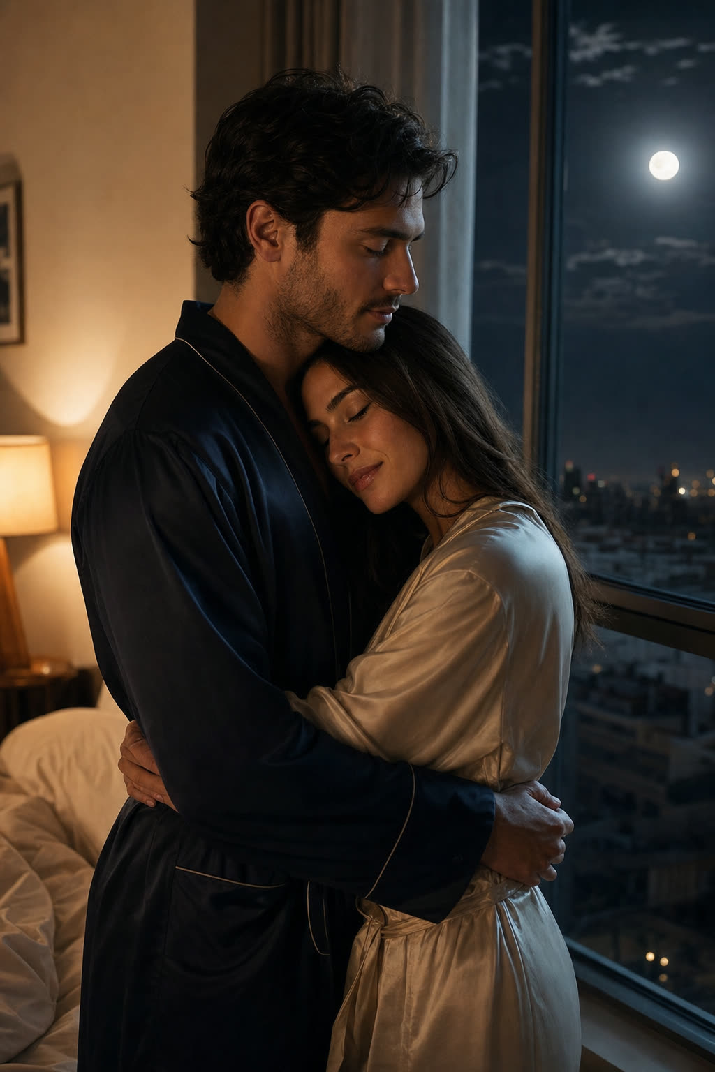 A bare-faced couple dancing cheek to cheek in warm lamplight