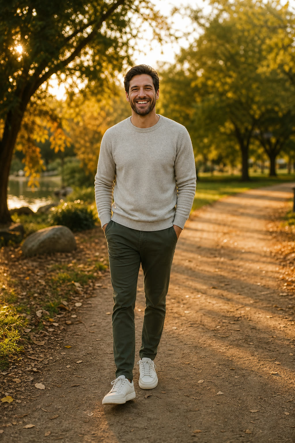 A man laughing on a morning walk through a golden-lit park