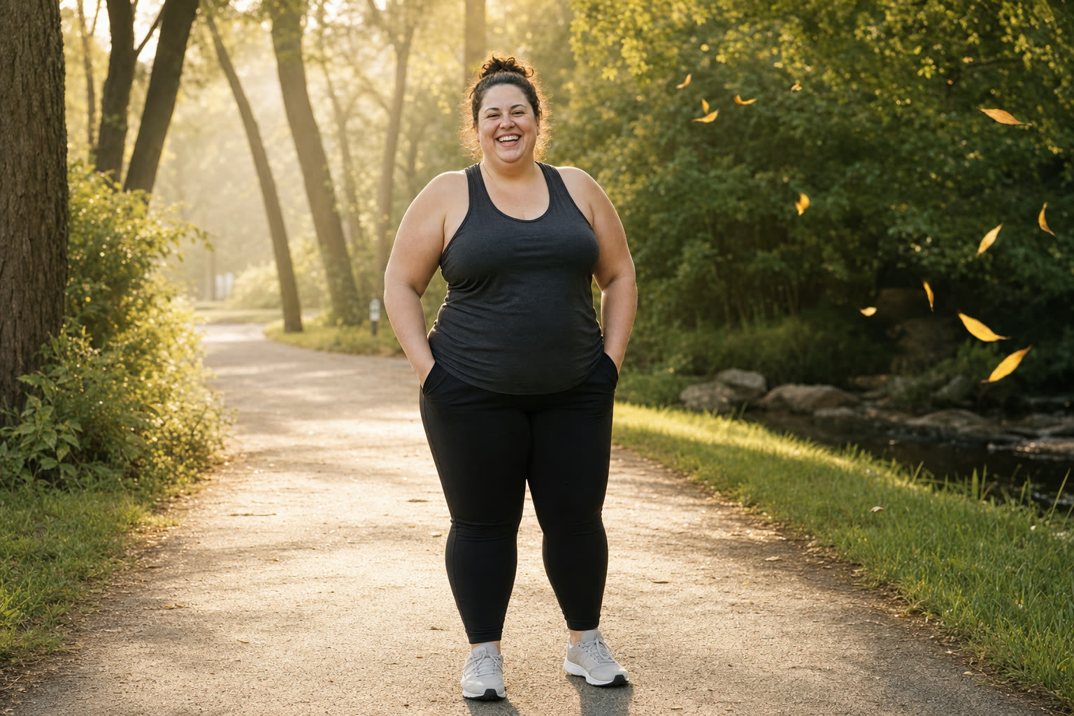 A heavier woman mid-journey laughing bare-faced on a bright morning park walk