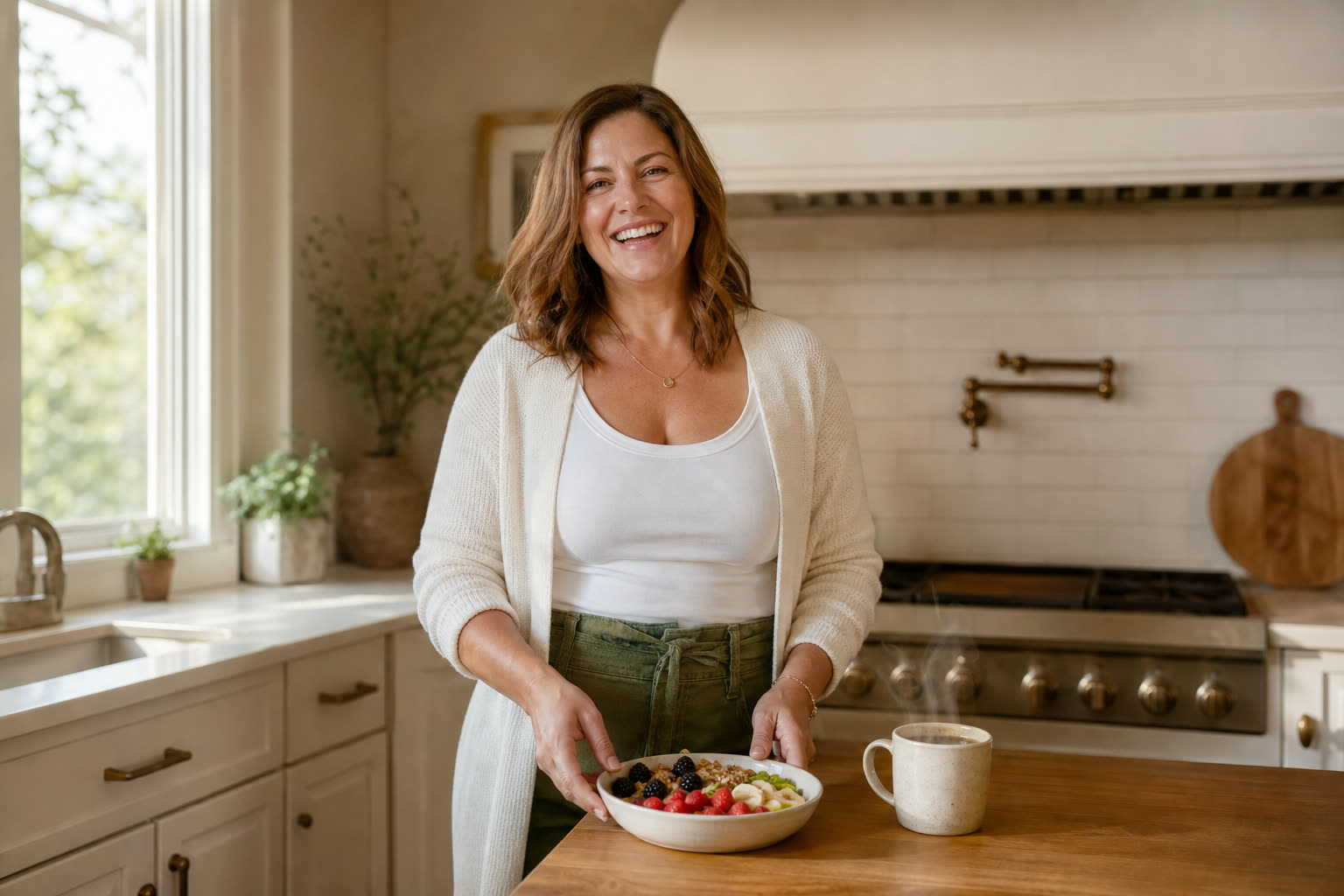 A laughing woman plating a colorful breakfast in a bright morning kitchen