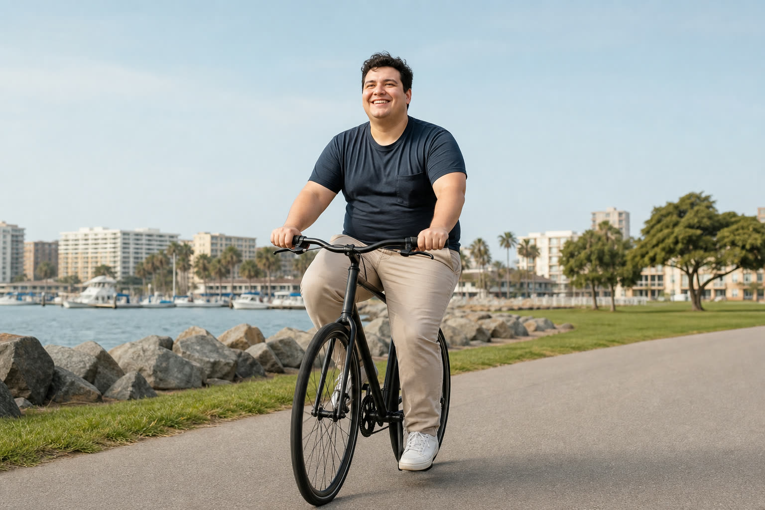 A mid-20s man with a broad and solid build coasting on a bicycle along a waterfront path, joyful