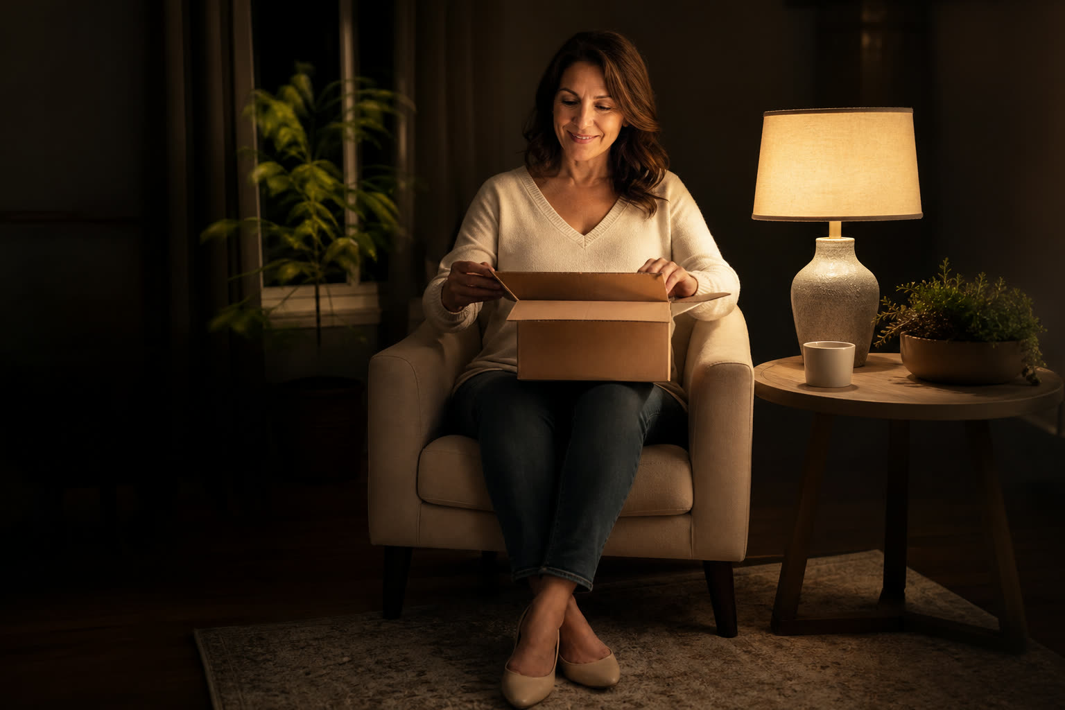 A woman opening a plain unmarked delivery box on a warm-lit side table