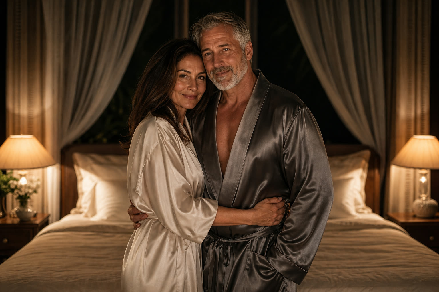 A couple standing at the foot of the bed in soft lamplight, arms around each other, smiling