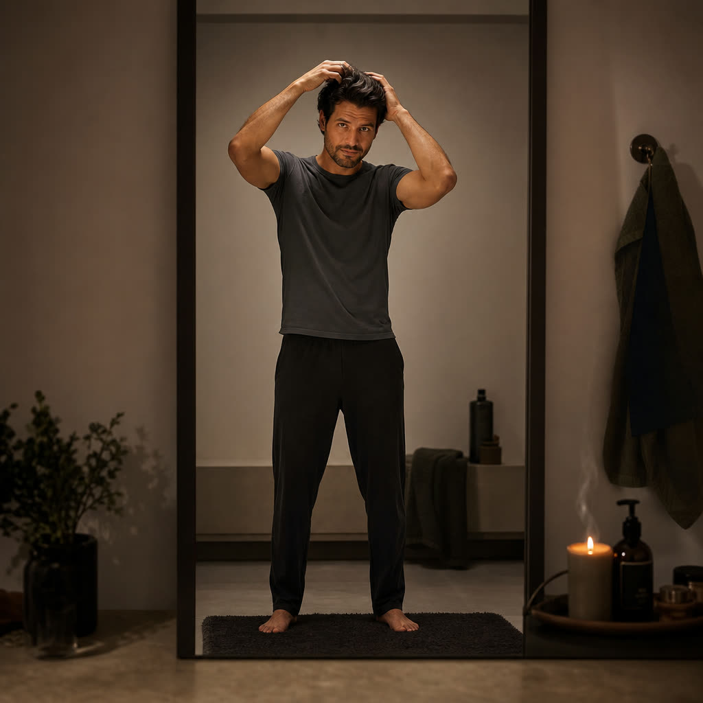 A man working a treatment into his hair at a mirror in warm lamplight