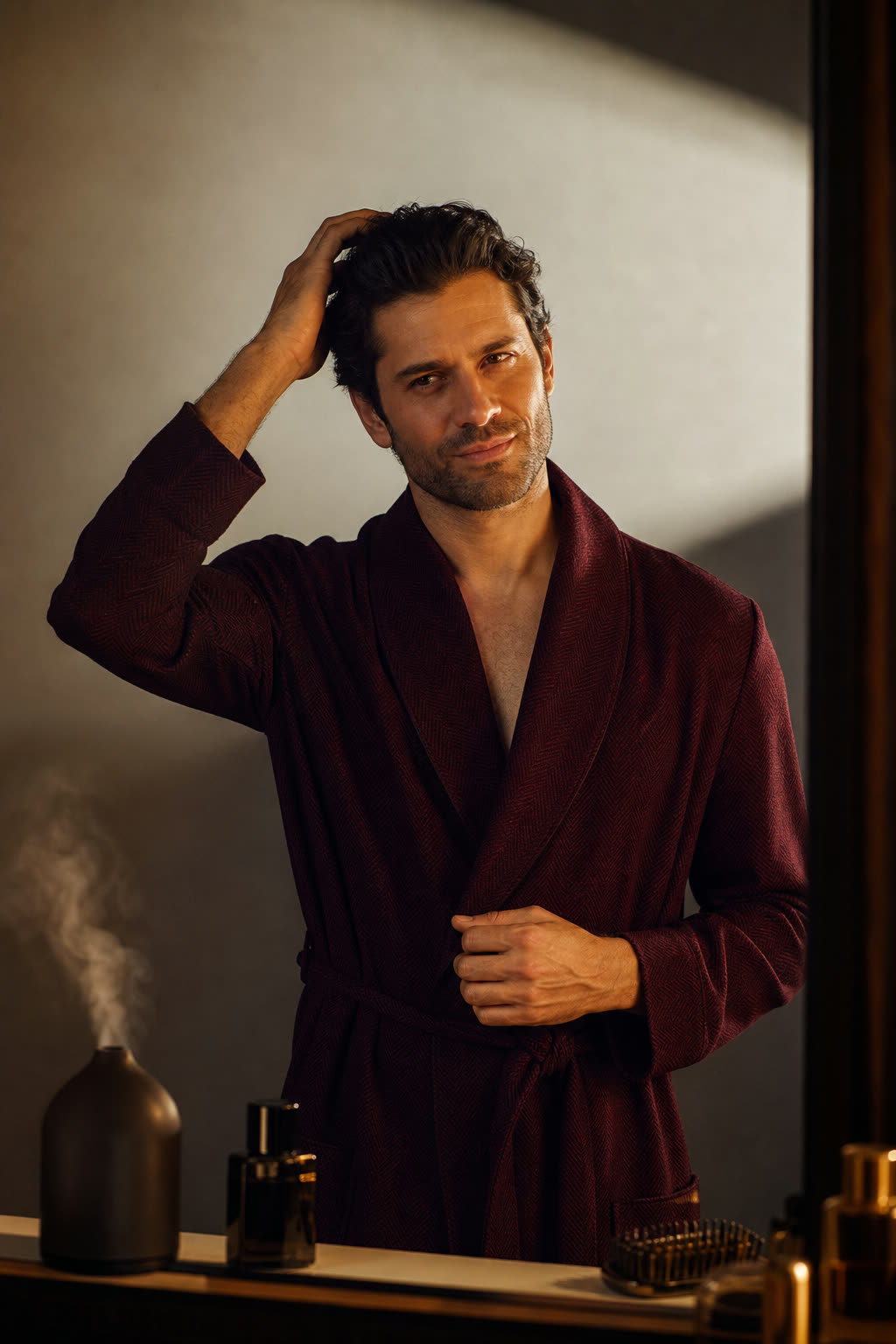 A man with thick dark hair checking it in warm mirror light with a satisfied private grin
