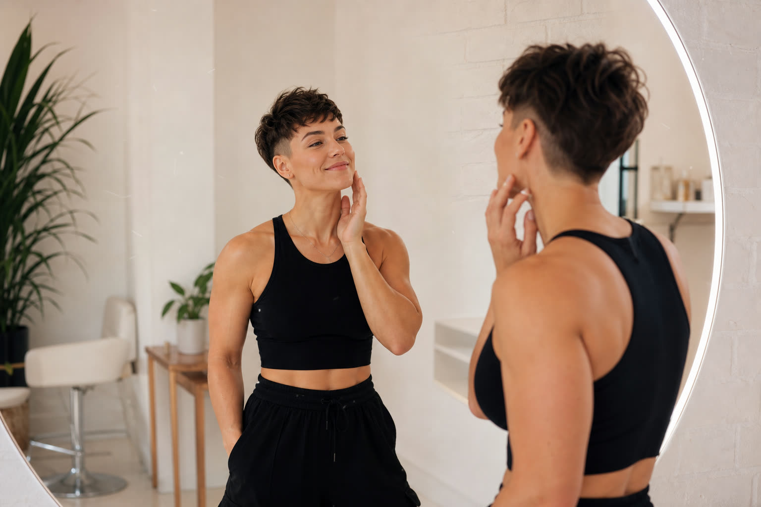 A early 30s woman with a fit muscular build admiring a fresh cut in a bright mirror, hand at their jawline