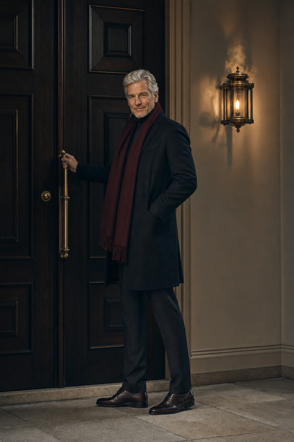 A composed man drawing a beautiful paneled door closed, turning toward the camera with a quiet smile