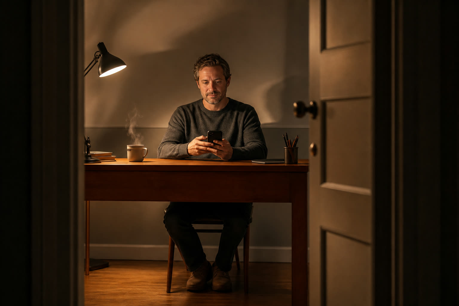 A man completing a short questionnaire on his phone at a desk behind a closed door