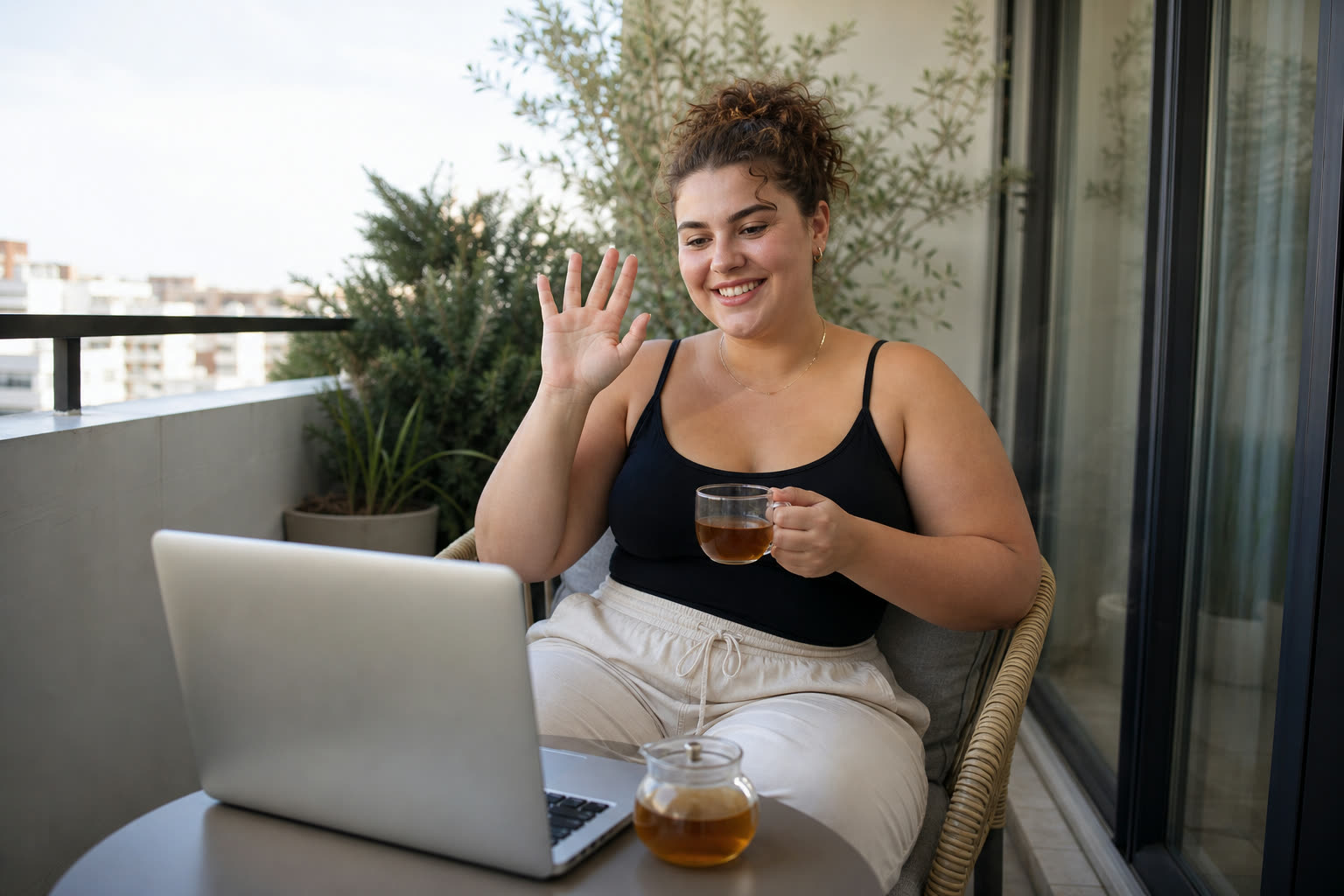 A early 20s woman with a broad-shouldered stocky build waving at a follow-up video call on a balcony with tea