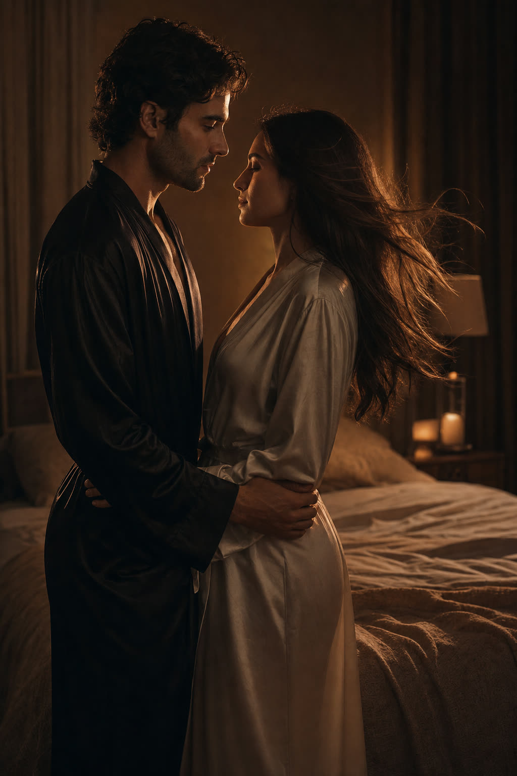 An elegant couple dancing very close in deep shadow, foreheads touching