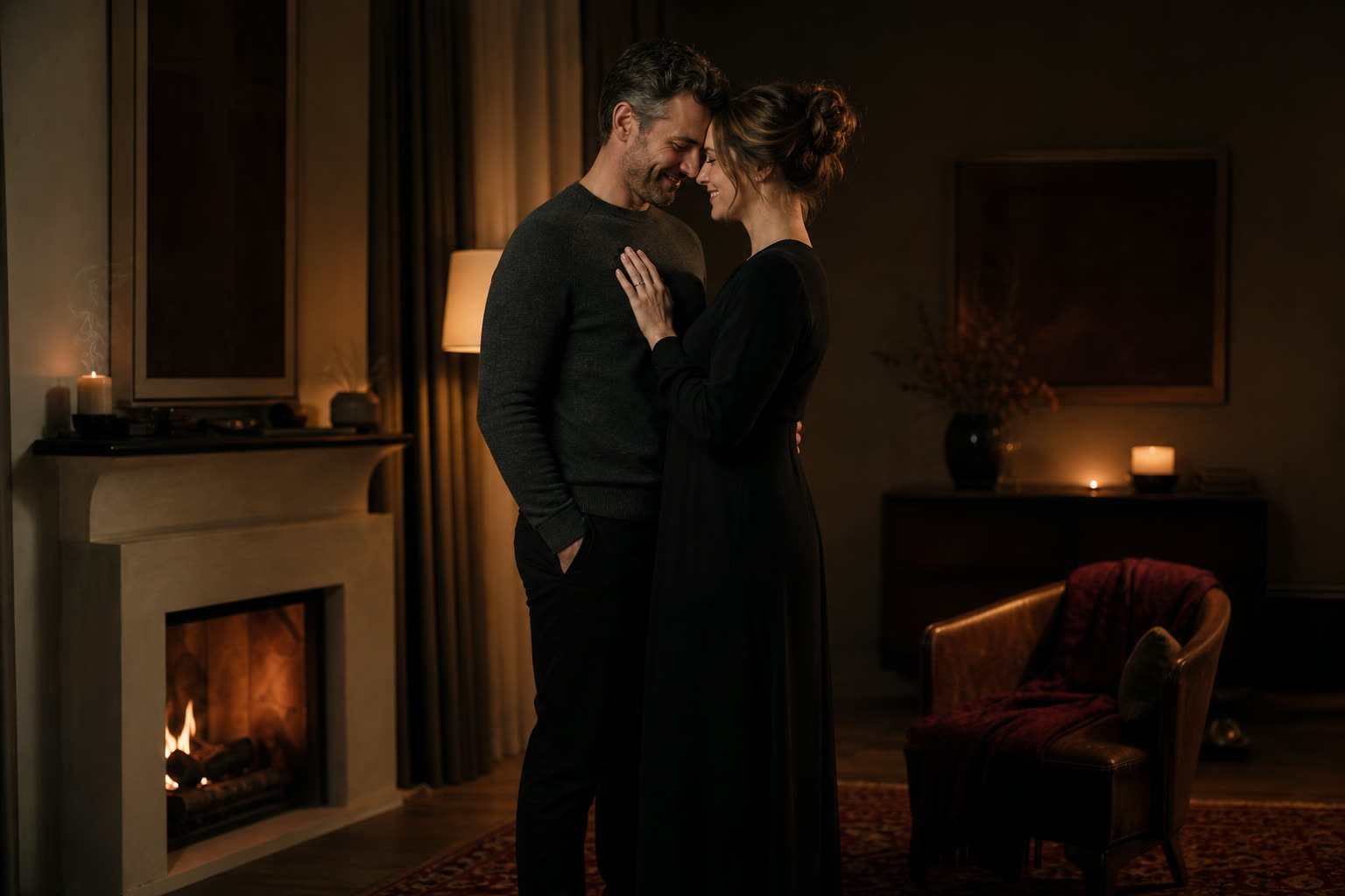 An elegant couple dancing very close in warm lamplight, foreheads touching