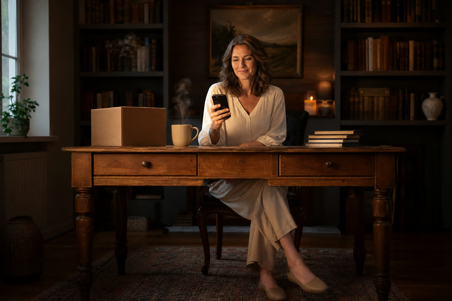A woman reading a message at a warm-lit desk beside a plain unmarked delivery box