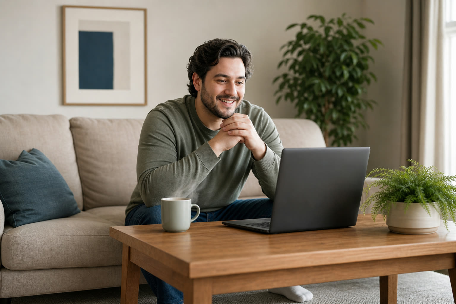 A early 30s man with a soft curvy build in a warm conversation with a care-team member on a laptop, visibly relieved