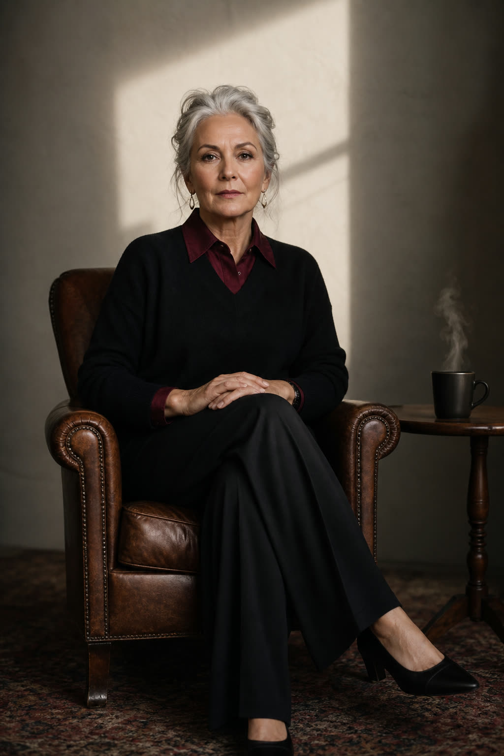 A woman with striking silver hair swept back, lit in warm chiaroscuro, regal and calm