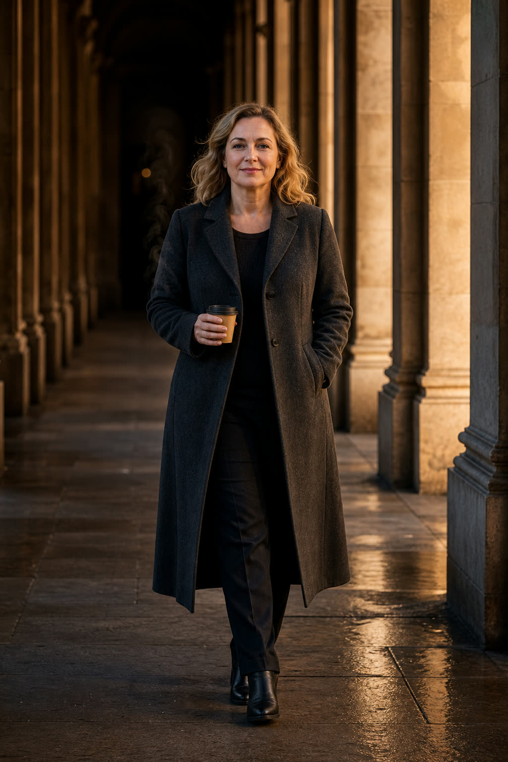 A woman in a dark wool coat walking through a warm-lit colonnade with a knowing smile