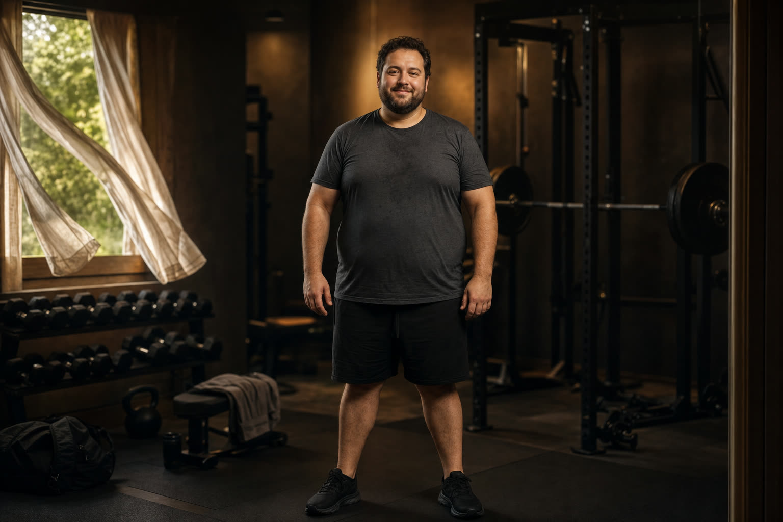 A heavier man training with quiet focus in a warm-lit private home gym