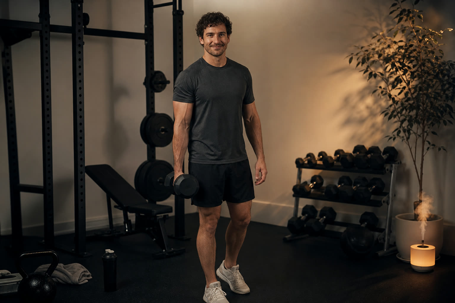 A man training alone in a warm-lit home gym, deep shadow around him