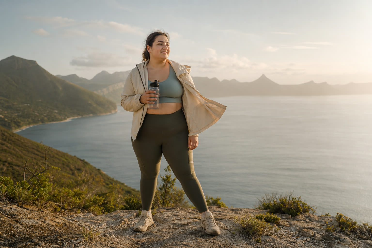 A early 20s woman with a stocky build pausing at a hiking lookout with a water bottle, wind in their clothes