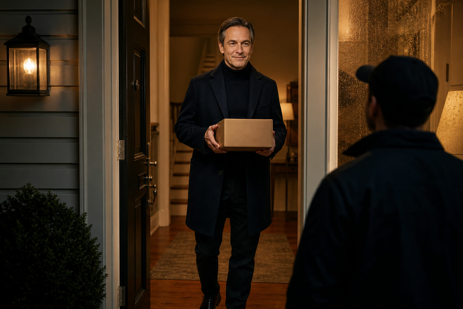 A man accepting a small plain unmarked parcel just inside his front door at dusk